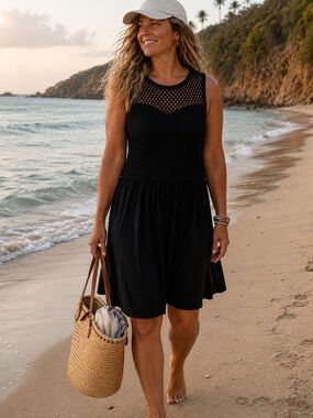 Midnight Hour Black Mesh Overlay Dress XL Sleeveless Boho Beach Goth swim cover